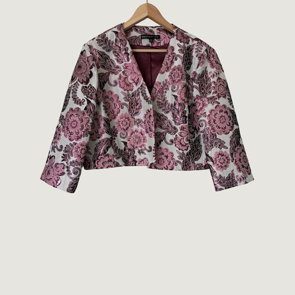 Preston & York Pink Metallic Floral Jacquard Cropped Blazer Jacket Womens 18